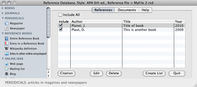 The APA Reference Database were you enter references, create citations and start new documents.