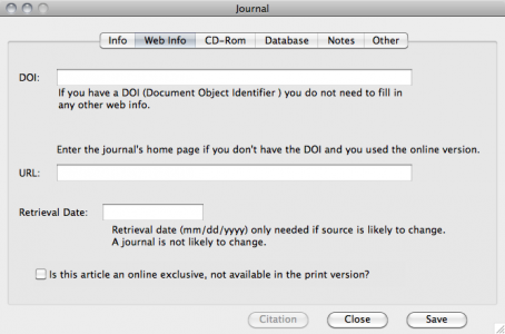 If the journal was found on the web enter any pertinent info on the web info tab, including doi info.
