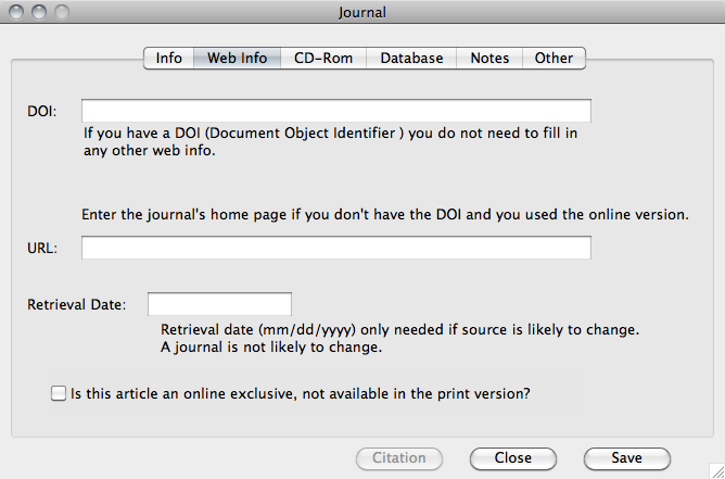 If the journal was found on the web enter any pertinent info on the web info tab, including doi info.